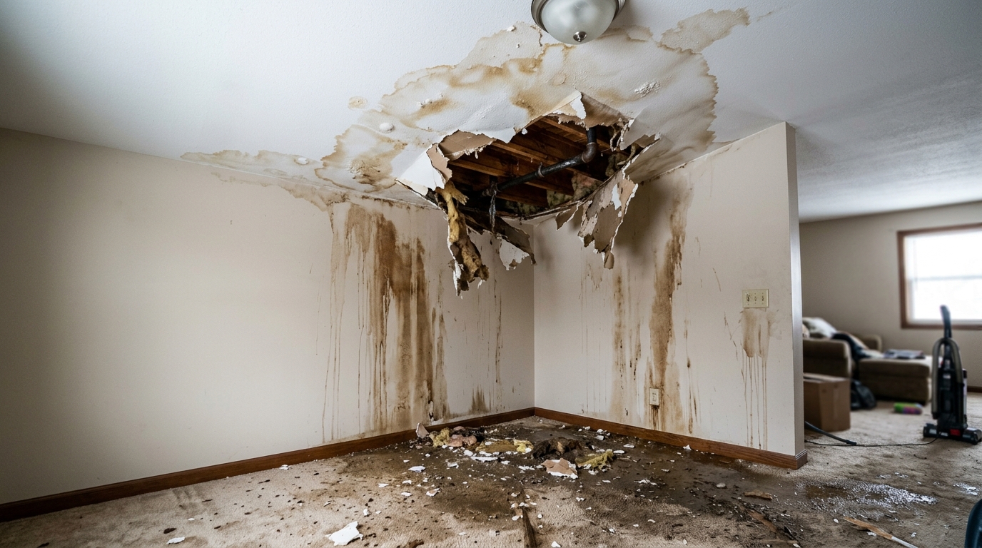Severe burst pipe ceiling damage with water staining and structural damage