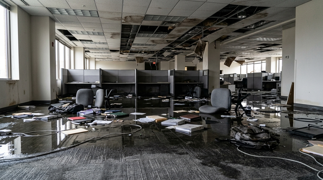 Commercial office flood — multi-tenant building water damage extraction