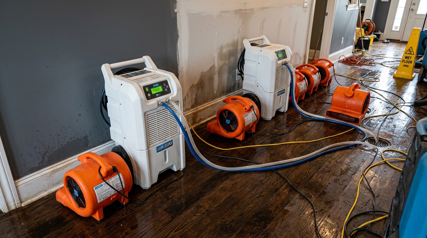 Structural drying equipment deployed — LGR dehumidifiers and air movers