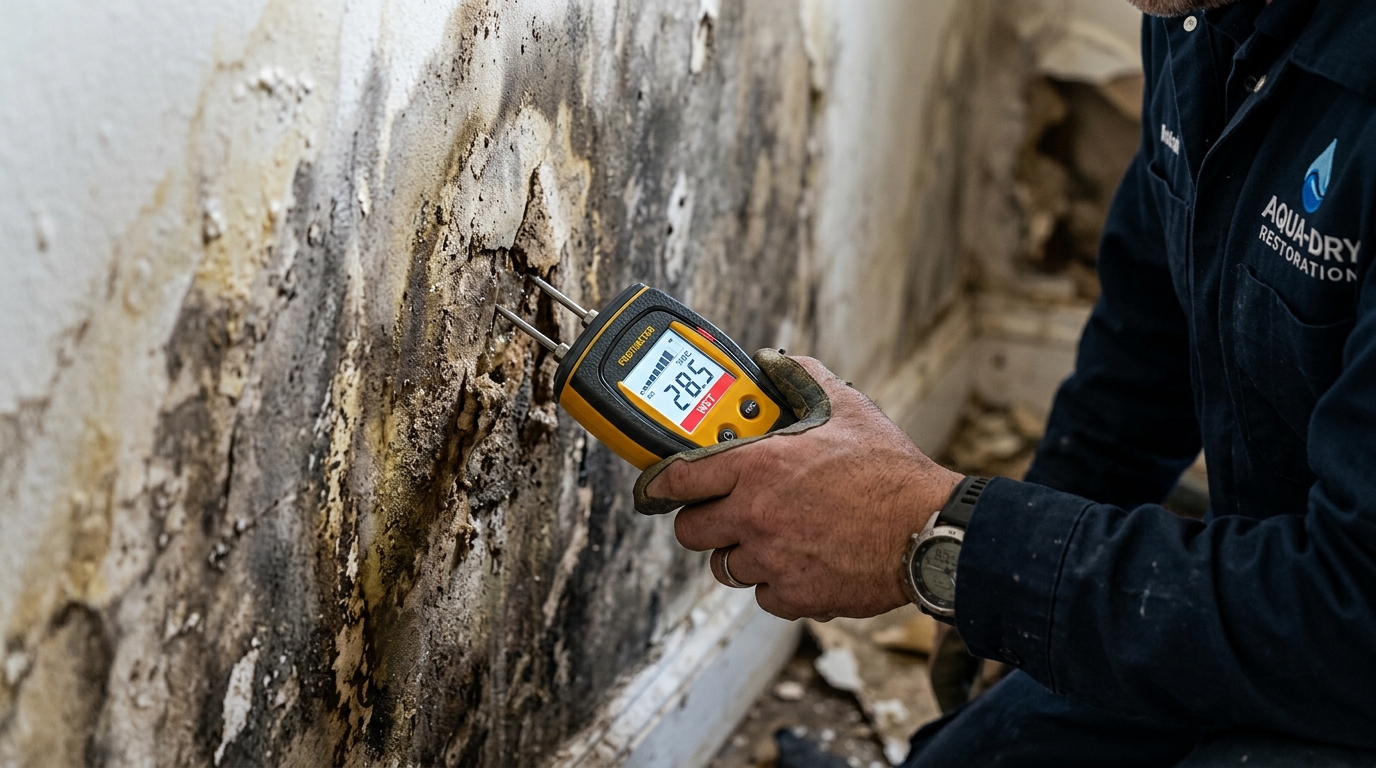 Penetrating moisture meter reading confirming dry structural framing