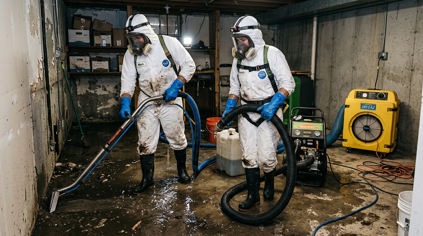 Category 3 cleanup crew after Neshannock Creek flooding near Cascade Park